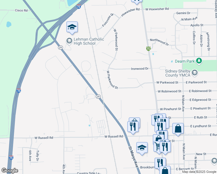 map of restaurants, bars, coffee shops, grocery stores, and more near 527 West Parkwood Street in Sidney