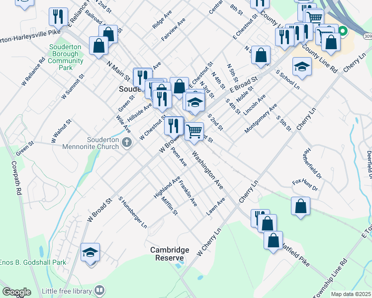 map of restaurants, bars, coffee shops, grocery stores, and more near 38 Washington Ave in Souderton