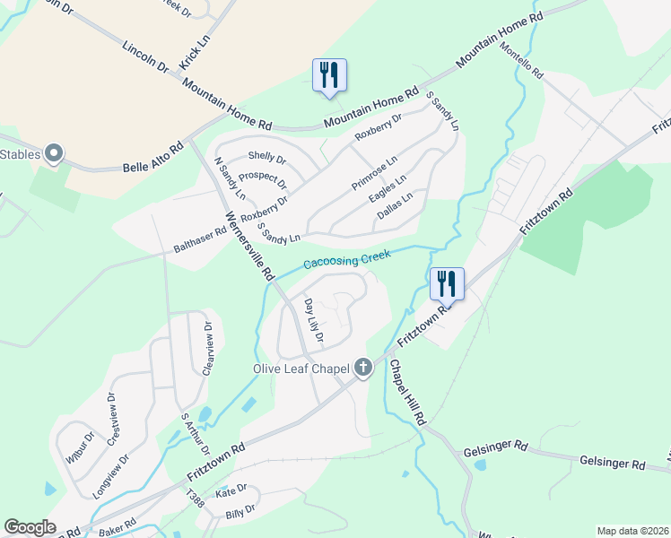 map of restaurants, bars, coffee shops, grocery stores, and more near 146 Cacoosing Drive in Sinking Spring