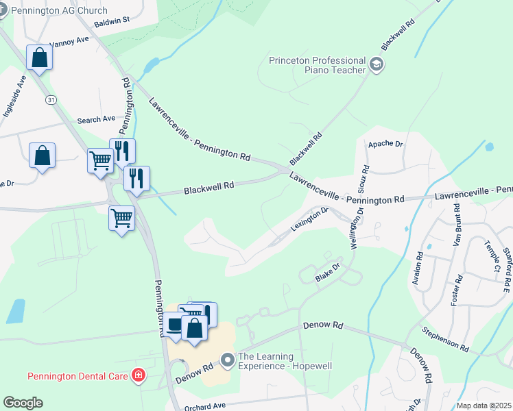 map of restaurants, bars, coffee shops, grocery stores, and more near 21 Buckingham Drive in Pennington
