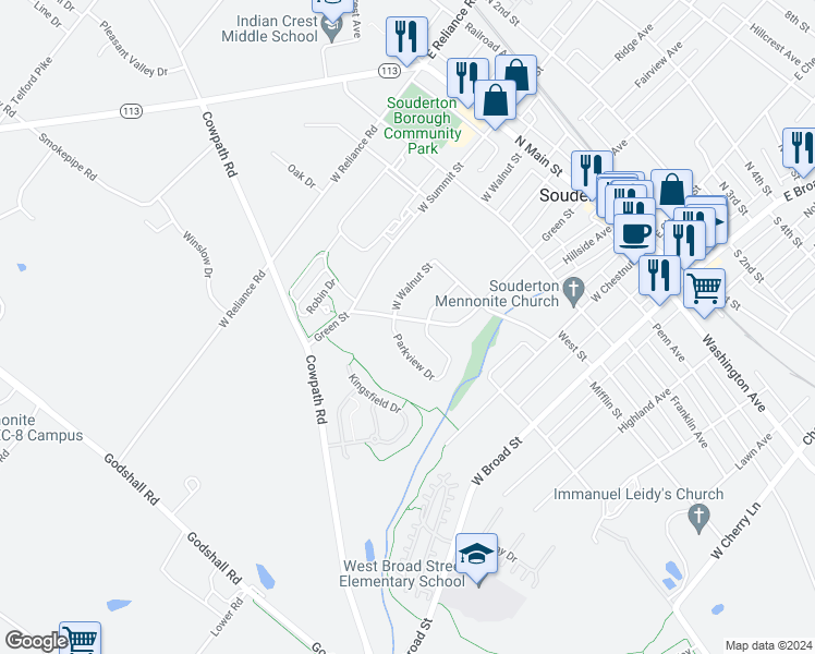 map of restaurants, bars, coffee shops, grocery stores, and more near 262 Green Street in Souderton
