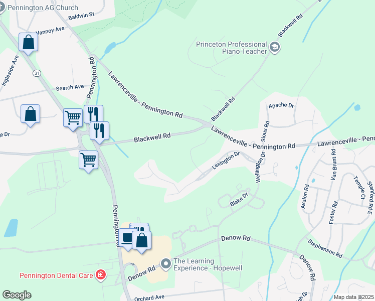 map of restaurants, bars, coffee shops, grocery stores, and more near 21 Buckingham Drive in Pennington