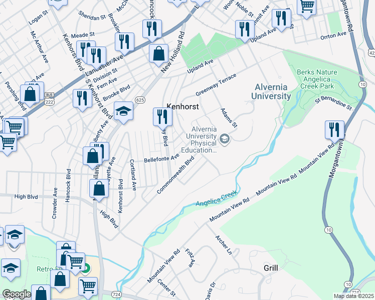 map of restaurants, bars, coffee shops, grocery stores, and more near 132 Bellefonte Ave in Reading