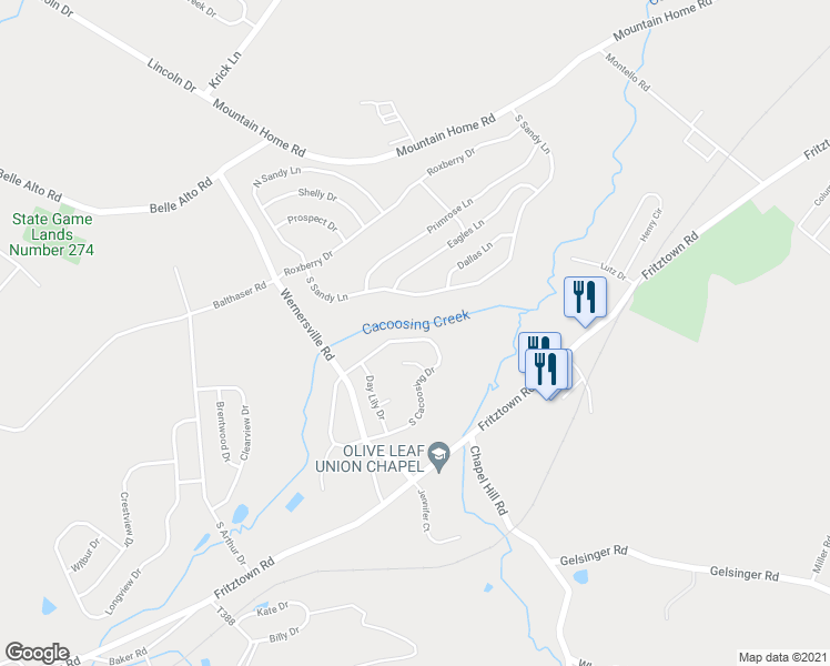 map of restaurants, bars, coffee shops, grocery stores, and more near 146 Cacoosing Drive in Sinking Spring