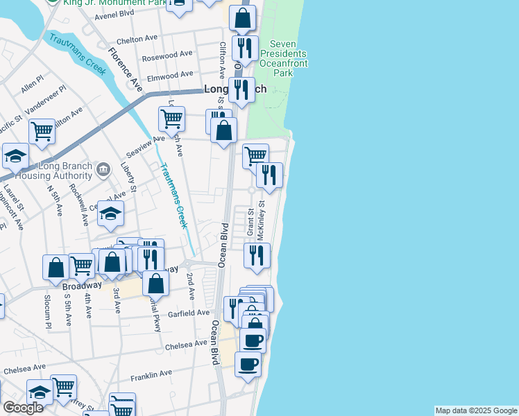 map of restaurants, bars, coffee shops, grocery stores, and more near 28 McKinley Street in Long Branch