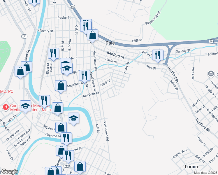 map of restaurants, bars, coffee shops, grocery stores, and more near 733 Bloom Street in Johnstown