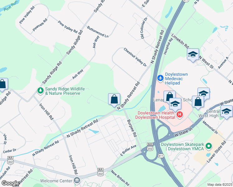 map of restaurants, bars, coffee shops, grocery stores, and more near 472 North Shady Retreat Road in Doylestown