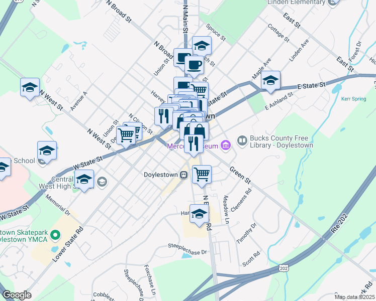 map of restaurants, bars, coffee shops, grocery stores, and more near 76 South Hamilton Street in Doylestown