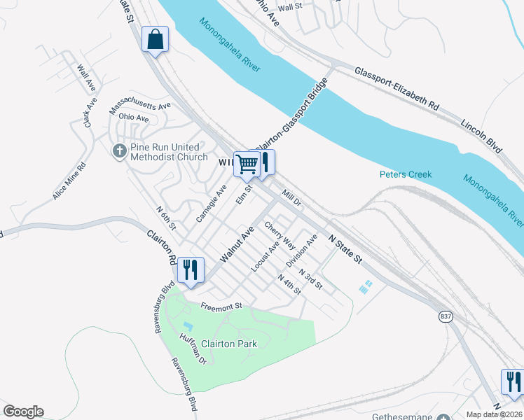 map of restaurants, bars, coffee shops, grocery stores, and more near 122 Walnut Avenue in Clairton