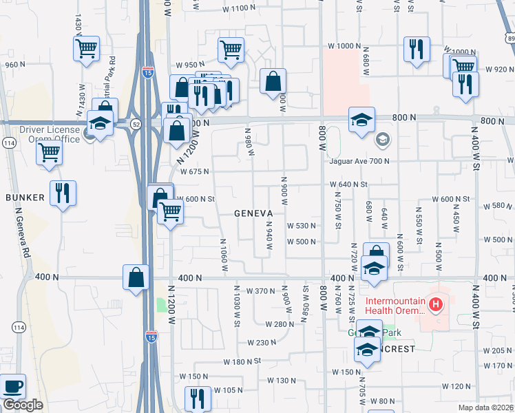map of restaurants, bars, coffee shops, grocery stores, and more near 584 North 980 West in Orem
