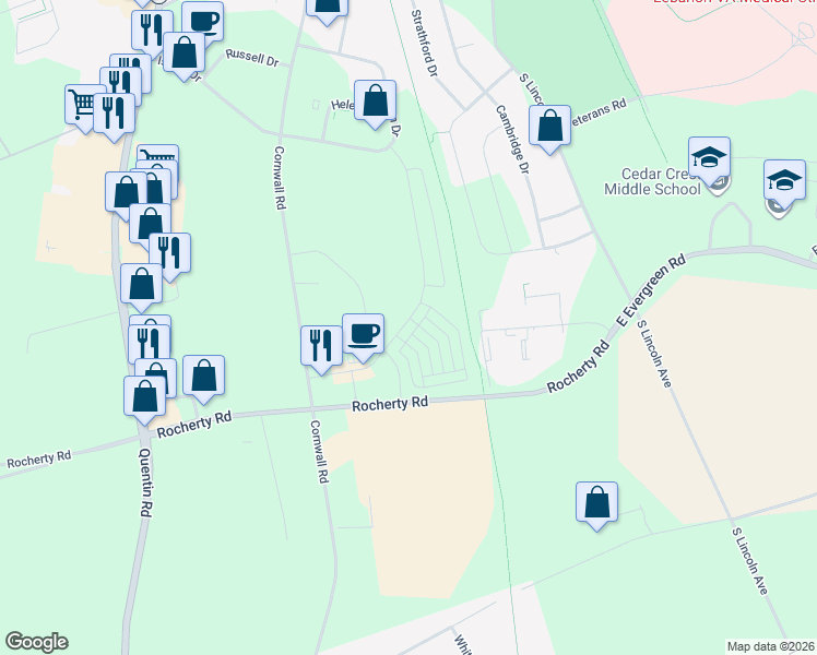 map of restaurants, bars, coffee shops, grocery stores, and more near 726 Farmwood Lane in Lebanon County