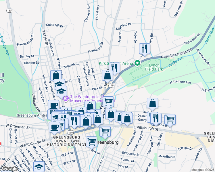 map of restaurants, bars, coffee shops, grocery stores, and more near 311 Harvey Avenue in Greensburg