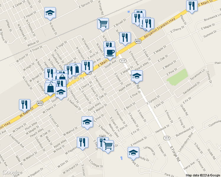 map of restaurants, bars, coffee shops, grocery stores, and more near 425 East Oak Street in Palmyra