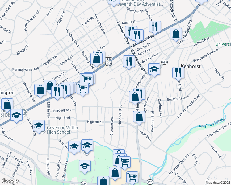 map of restaurants, bars, coffee shops, grocery stores, and more near 112 Community Drive in Reading