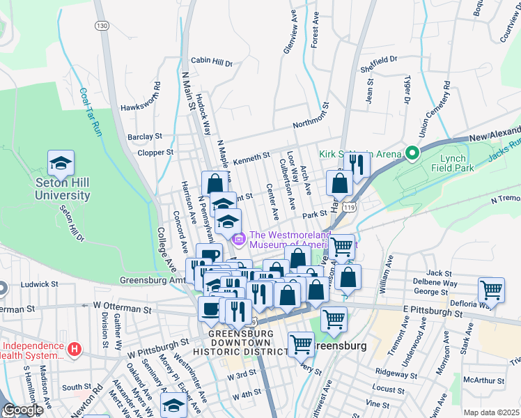 map of restaurants, bars, coffee shops, grocery stores, and more near 325 Walnut Avenue in Greensburg