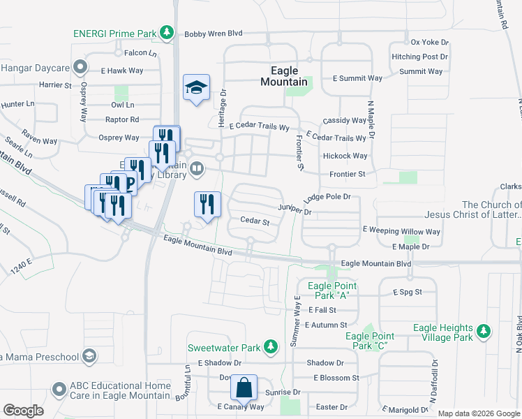 map of restaurants, bars, coffee shops, grocery stores, and more near 1860 Juniper Drive in Eagle Mountain