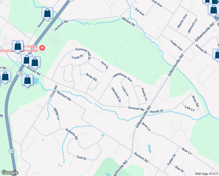 map of restaurants, bars, coffee shops, grocery stores, and more near 120 Hemlock Drive in Gilbertsville