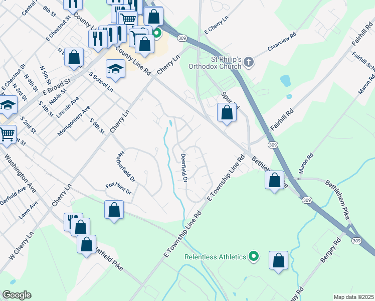 map of restaurants, bars, coffee shops, grocery stores, and more near 132 Deerfield Drive in Souderton