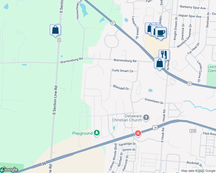 map of restaurants, bars, coffee shops, grocery stores, and more near 107 Curly Smart Circle in Delaware