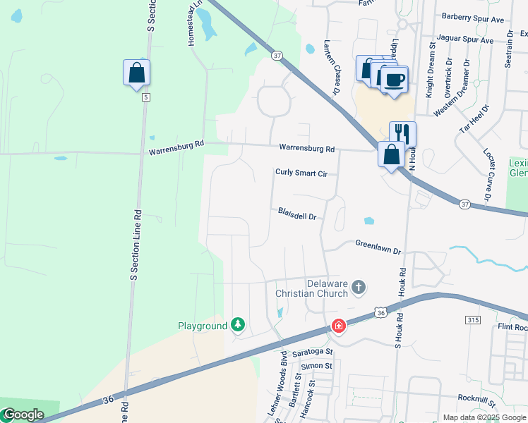 map of restaurants, bars, coffee shops, grocery stores, and more near 107 Curly Smart Circle in Delaware
