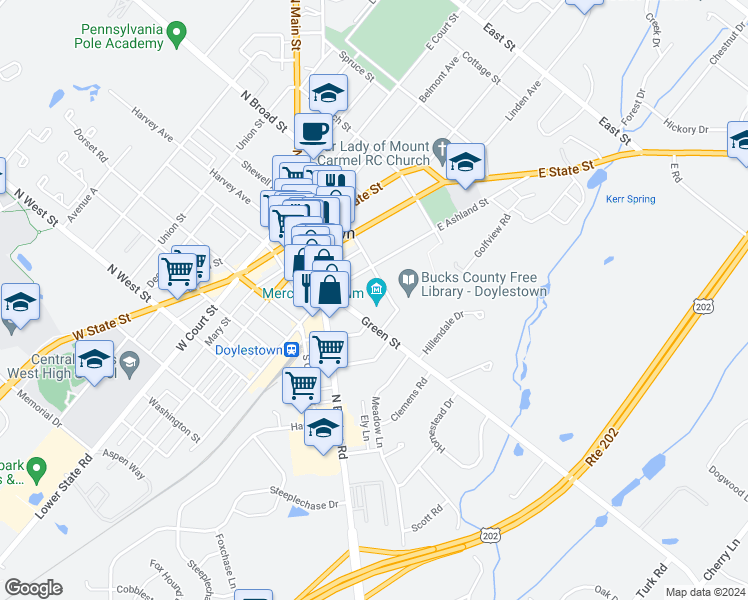 map of restaurants, bars, coffee shops, grocery stores, and more near 84 South Pine Street in Doylestown