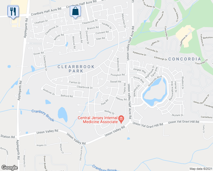 map of restaurants, bars, coffee shops, grocery stores, and more near 821A Rigens Place in Monroe Township