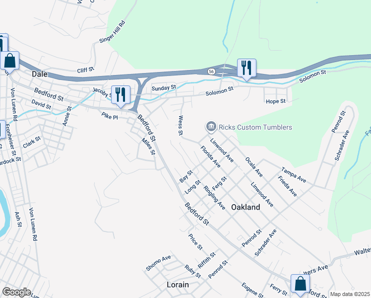 map of restaurants, bars, coffee shops, grocery stores, and more near 704 Gail Street in Johnstown