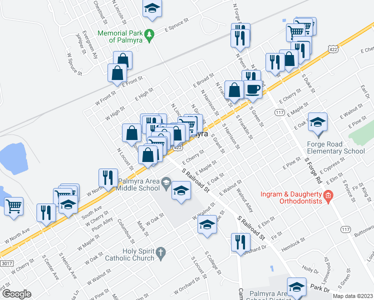 map of restaurants, bars, coffee shops, grocery stores, and more near 16 South Chestnut Street in Palmyra