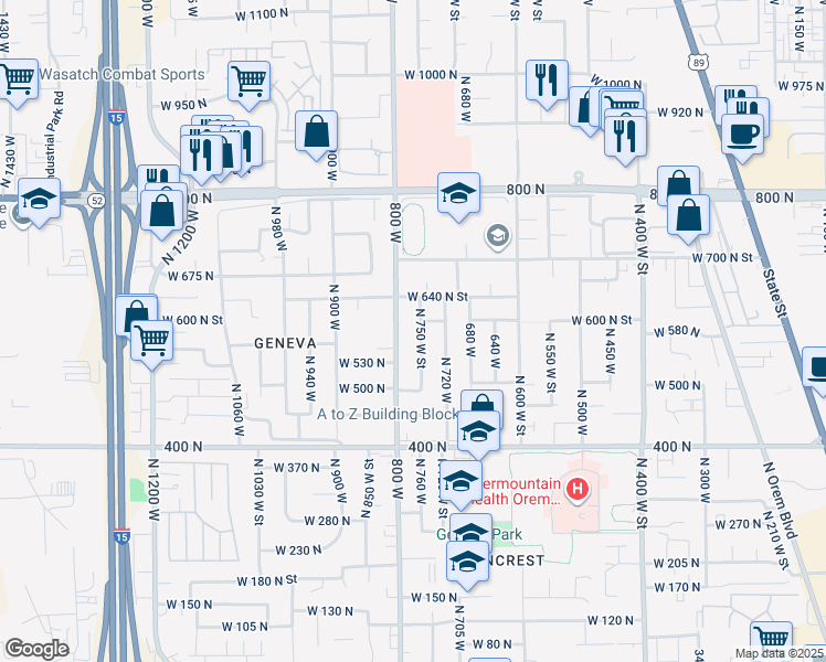 map of restaurants, bars, coffee shops, grocery stores, and more near 755 600 west in Orem