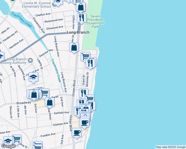 map of restaurants, bars, coffee shops, grocery stores, and more near 100 Ocean Avenue North in Long Branch