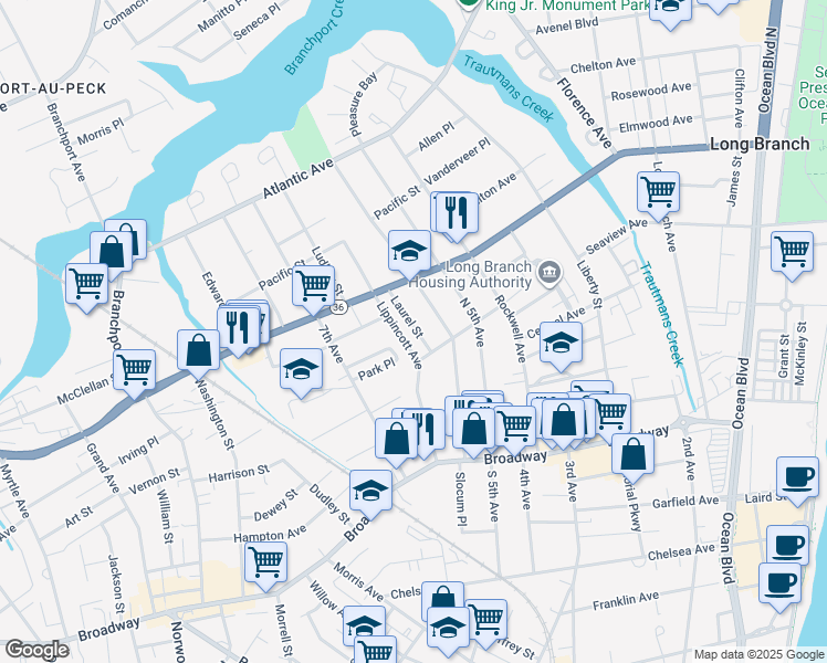 map of restaurants, bars, coffee shops, grocery stores, and more near 93 Laurel Street in Long Branch