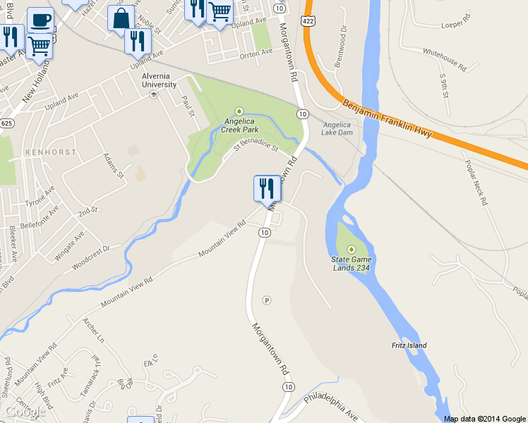 map of restaurants, bars, coffee shops, grocery stores, and more near 903 Morgantown Road in Reading