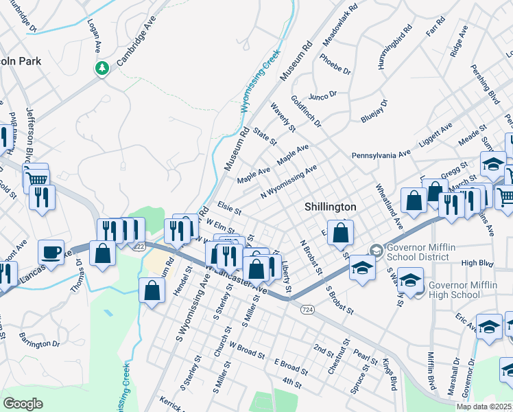 map of restaurants, bars, coffee shops, grocery stores, and more near 321 North Wyomissing Avenue in Shillington