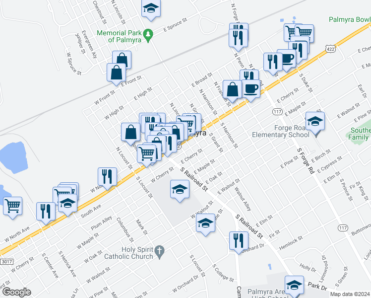 map of restaurants, bars, coffee shops, grocery stores, and more near 54 East Main Street in Palmyra