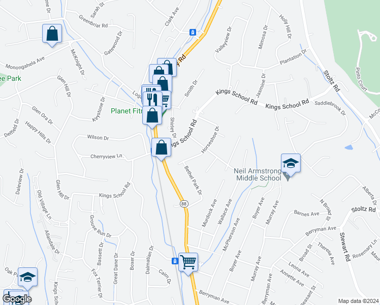 map of restaurants, bars, coffee shops, grocery stores, and more near 5858 Horseshoe Drive in Bethel Park