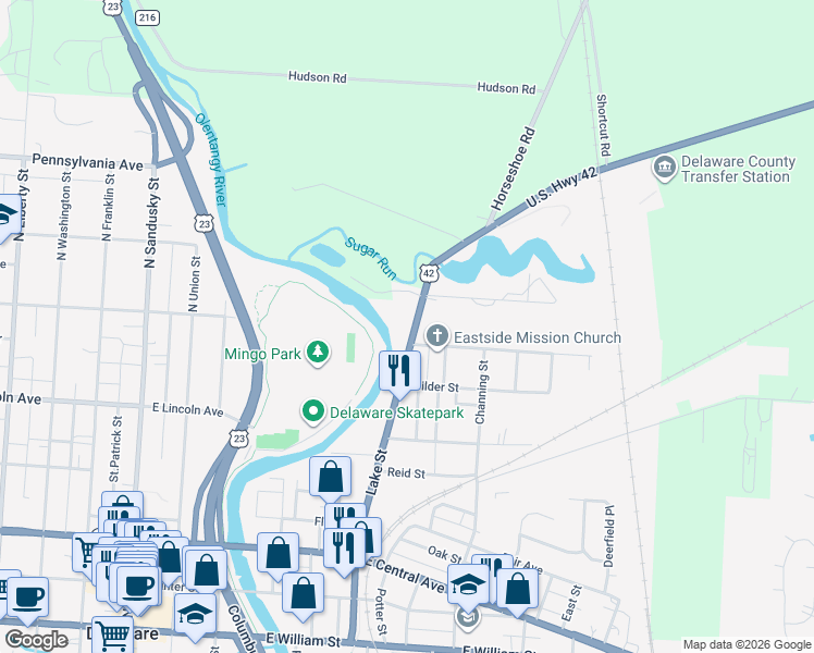 map of restaurants, bars, coffee shops, grocery stores, and more near 317 Lake Street in Delaware