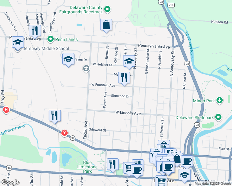 map of restaurants, bars, coffee shops, grocery stores, and more near 62 Elmwood Dr in Delaware
