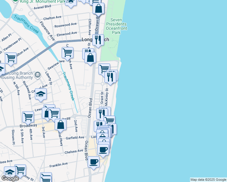 map of restaurants, bars, coffee shops, grocery stores, and more near 100 Ocean Avenue North in Long Branch