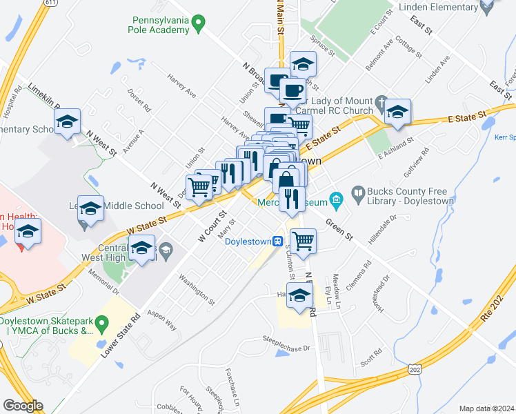 map of restaurants, bars, coffee shops, grocery stores, and more near 50 South Clinton Street in Doylestown