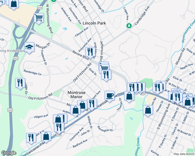 map of restaurants, bars, coffee shops, grocery stores, and more near 104 Parkside Avenue in Reading