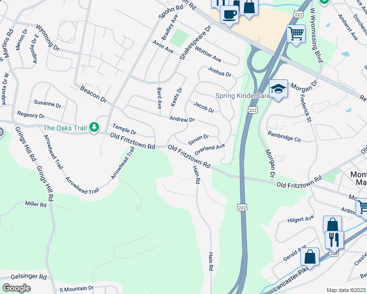 map of restaurants, bars, coffee shops, grocery stores, and more near 2522 Simon Drive in Sinking Spring