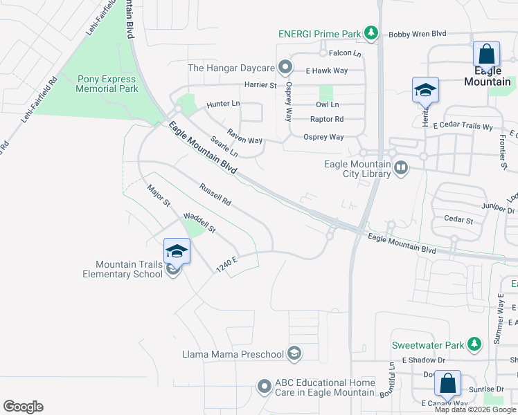 map of restaurants, bars, coffee shops, grocery stores, and more near 4074 Russell Road in Eagle Mountain