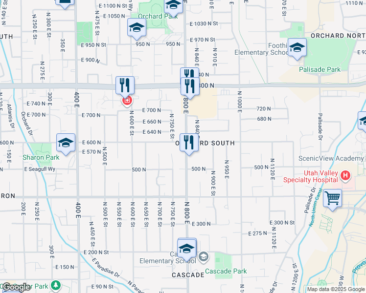 map of restaurants, bars, coffee shops, grocery stores, and more near 585 N 800 E in Orem