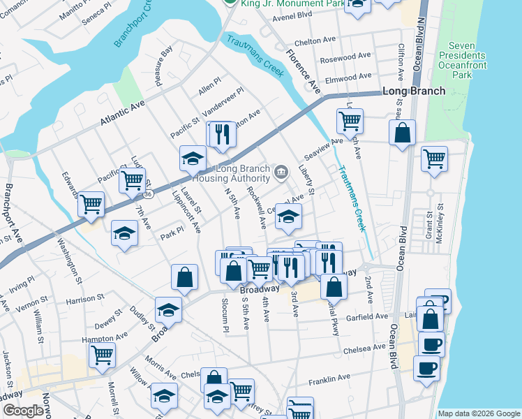 map of restaurants, bars, coffee shops, grocery stores, and more near 113 Rockwell Avenue in Long Branch