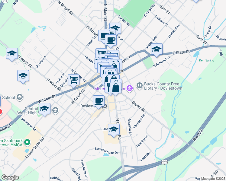 map of restaurants, bars, coffee shops, grocery stores, and more near 4 West Ashland Street in Doylestown