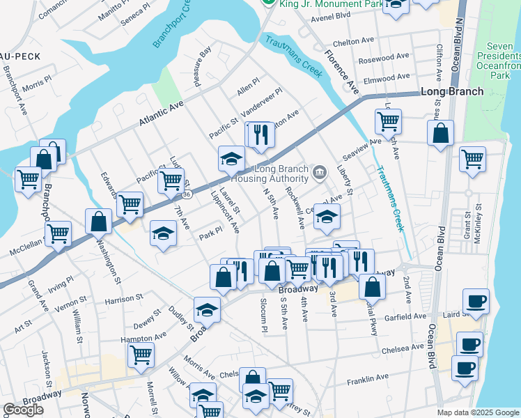 map of restaurants, bars, coffee shops, grocery stores, and more near 107 Sixth Avenue in Long Branch