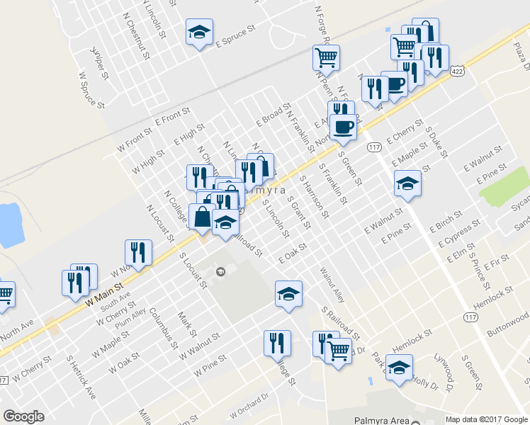 map of restaurants, bars, coffee shops, grocery stores, and more near 129 East Cherry Street in Palmyra