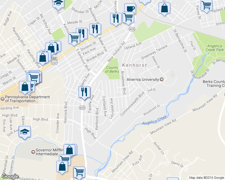 map of restaurants, bars, coffee shops, grocery stores, and more near 1346 Lacrosse Avenue in Reading