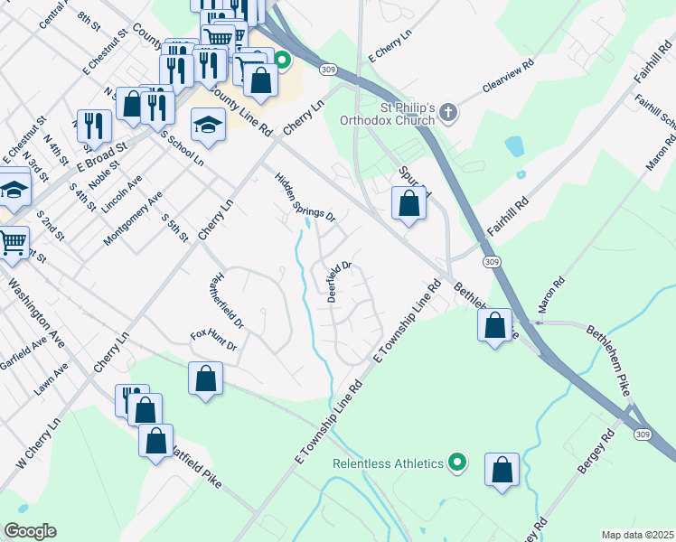 map of restaurants, bars, coffee shops, grocery stores, and more near 132 Deerfield Drive in Souderton