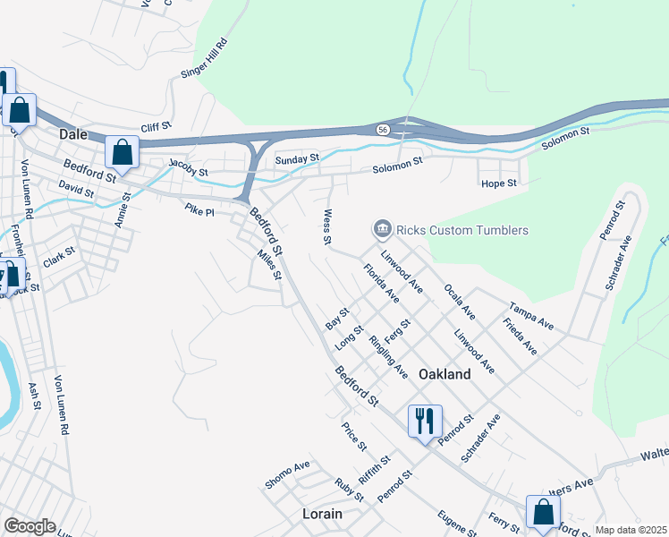 map of restaurants, bars, coffee shops, grocery stores, and more near 704 Gail Street in Johnstown
